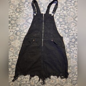 Zara Black Distressed Frayed Hem Denim Overall Mini Dress L